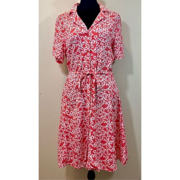 Jaquelin De Yong Red White Lightweight Front Button Up Waisted Tie Floral Dress - Picture 1 of 8